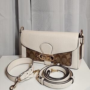 Coach Signature Canvas & White Leather Shoulder Bag – Gold Hardware.  Luxury